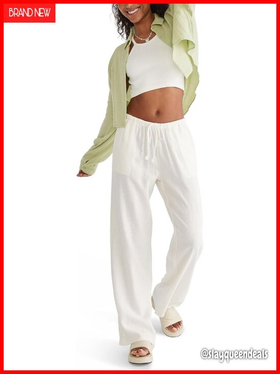Pants - Pull-On Linen Blend Wide Leg Pants with Pockets